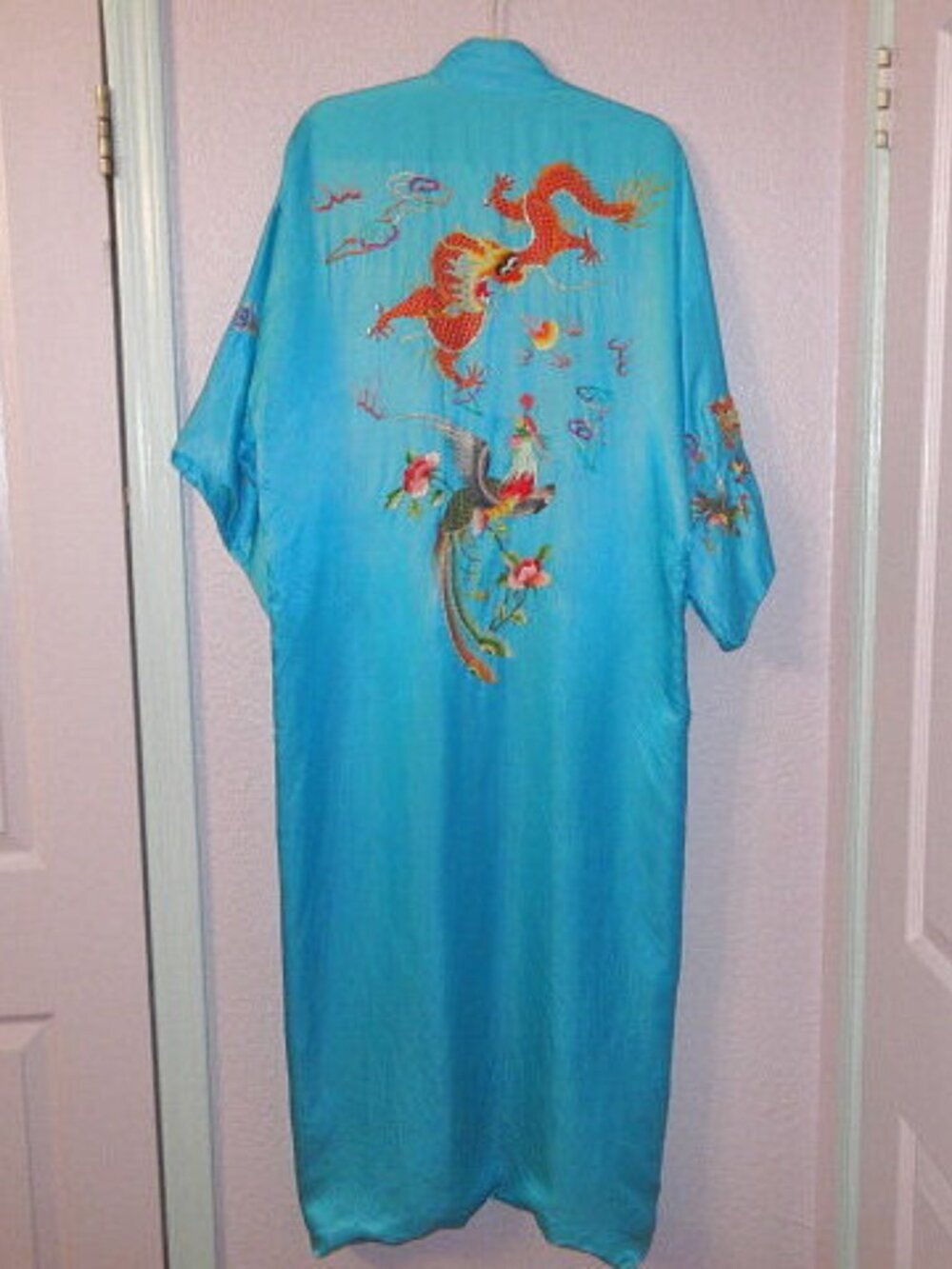 Vtg Chinese Silk Embroidered Kimono Robe XL Phoenix Dragon Asian Floral 60s MCM